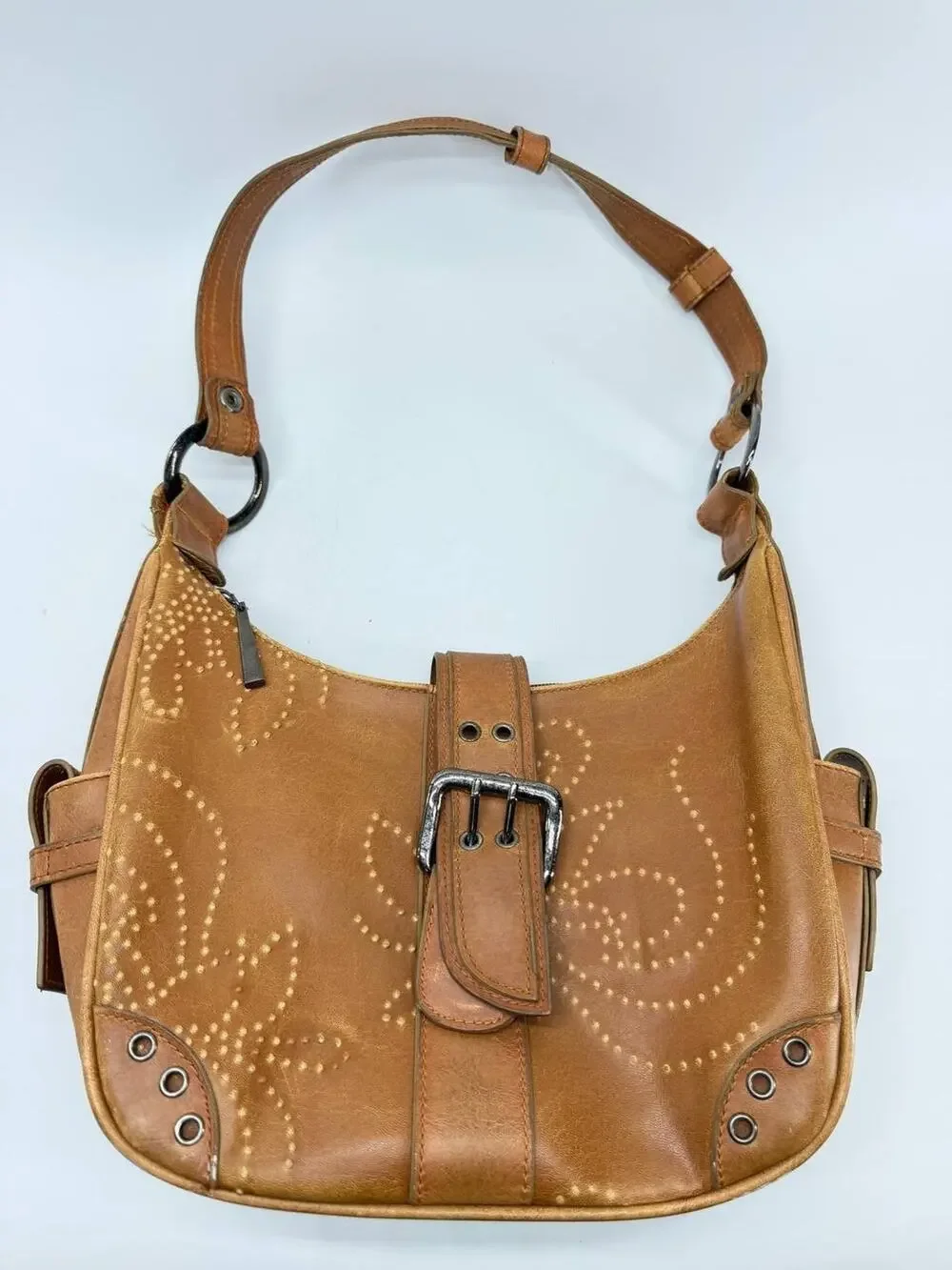 Kaela Brown Faux Leather Hobo Shoulder Bag Western Buckle Studded Swirl Purse